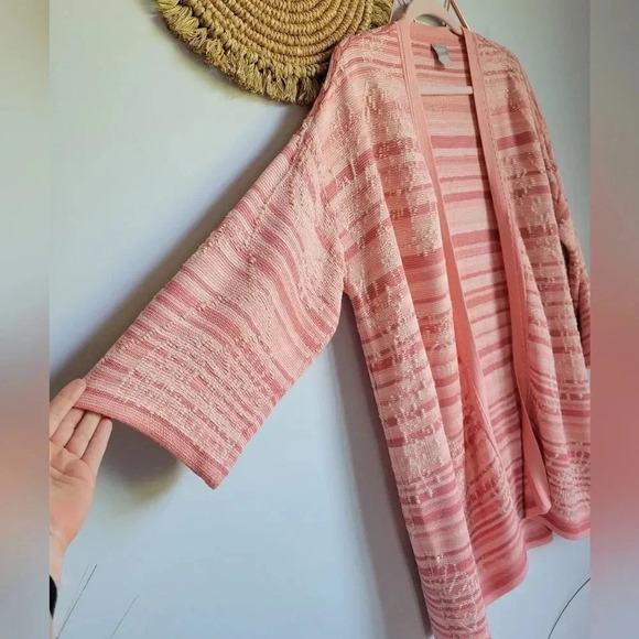 Chico's, Pink Embroidered Striped Jacquard Silky Cardigan Sweater Size Large - Picture 5 of 10